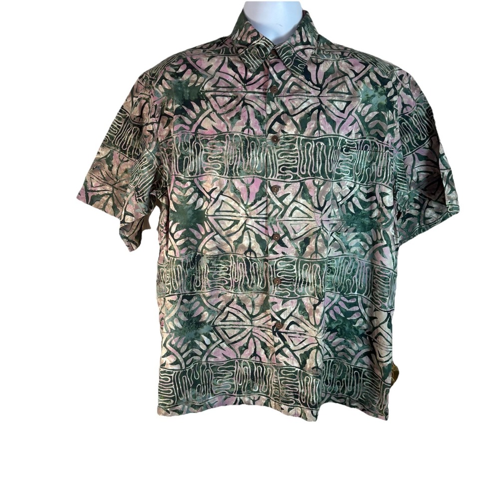 Basic Options Men's Button Down Short‎ Sleeve 100% Cotton Shirt L Tropical Like